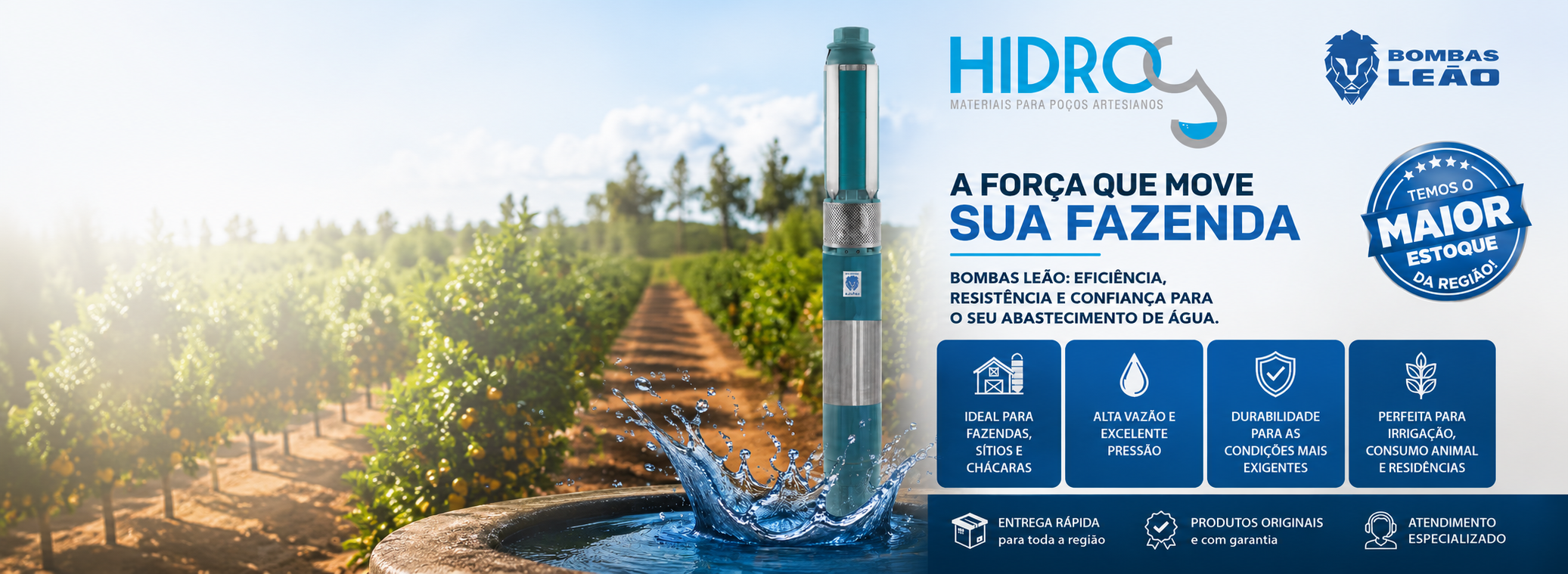 HidroG - A força que move sua fazenda. Bombas Leão: eficiência, resistência e confiança para o seu abastecimento de água.